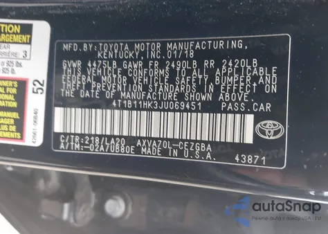 2018 Toyota Camry Xle z USA, uszkodzony, nr VIN 4T1B11HK3JU069451
